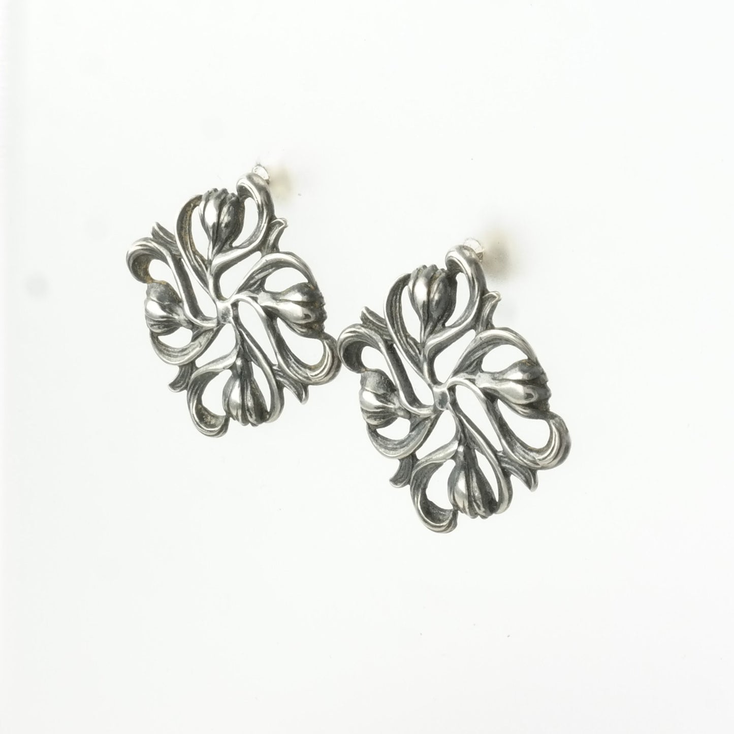 Vintage Sterling Silver Stud Earrings Floral Square