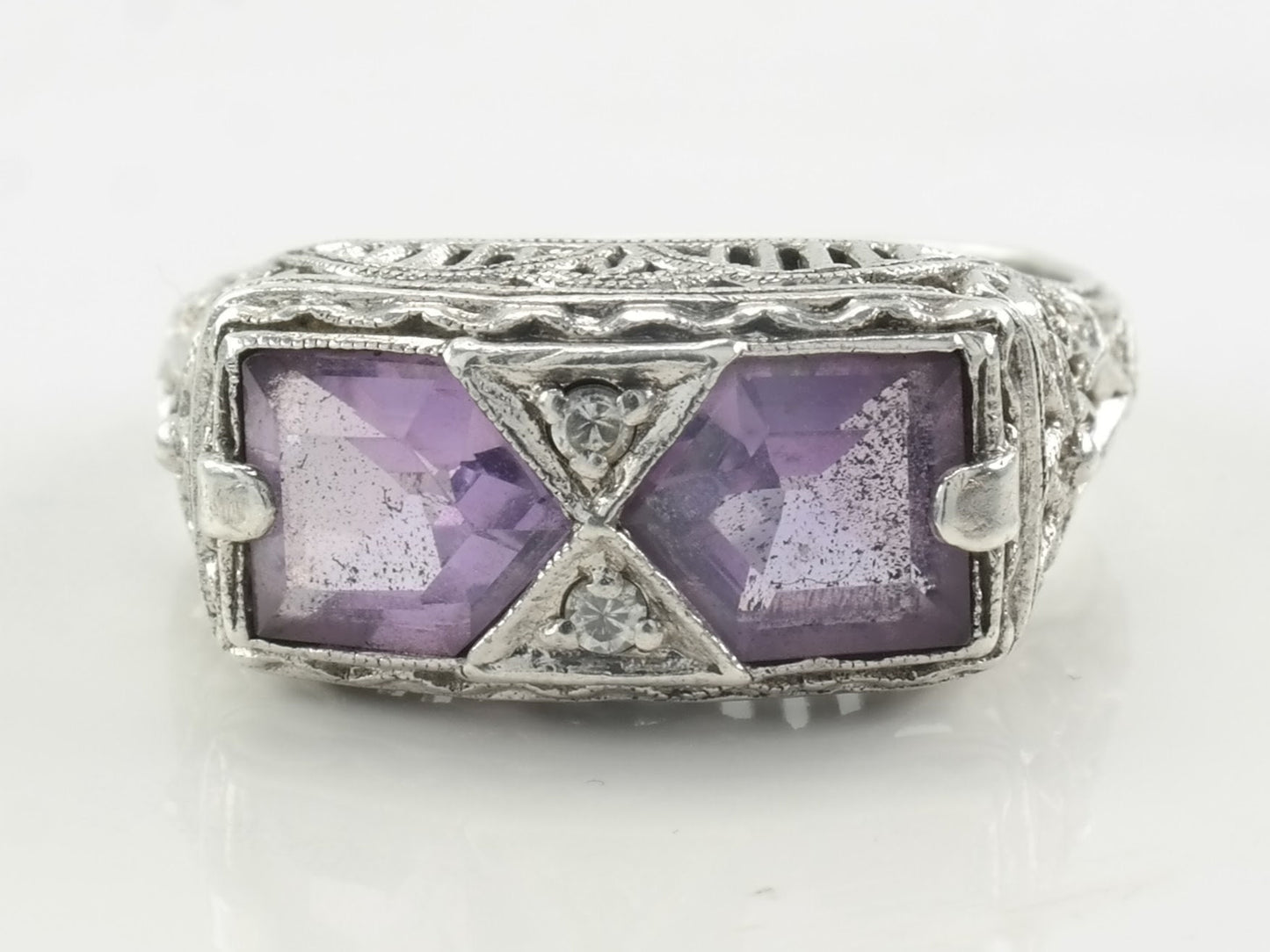 Vintage Sterling Silver Ring Double Amethyst, Gemstone, Floral, Filigree Size 6 3/4