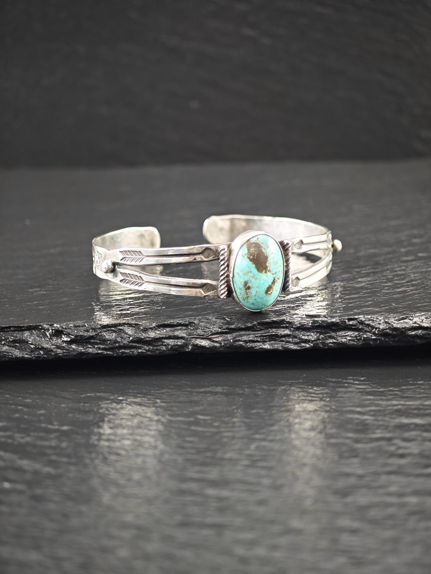 Curio Native American, Stamped Natural Turquoise Cuff Bracelet Sterling Silver