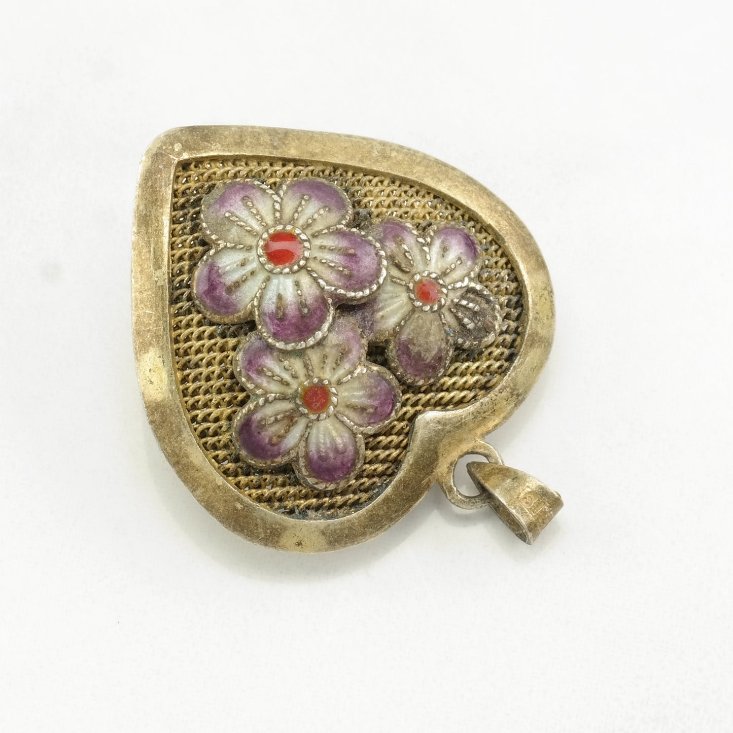 Vintage Enamel, Gemstone Inlay Heart Sterling Silver Pendant