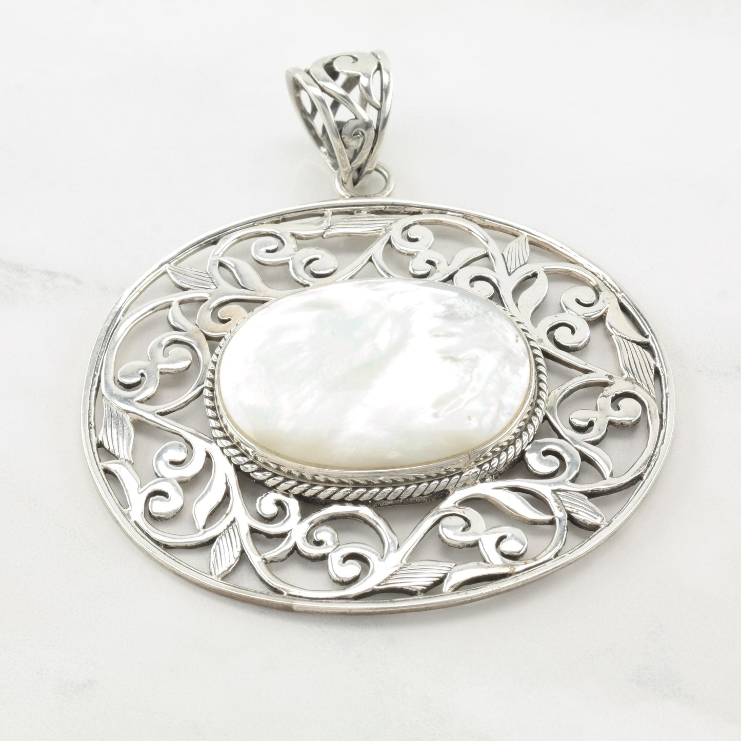 Vintage Large Thai Filigree Silver Pendant MOP Sterling