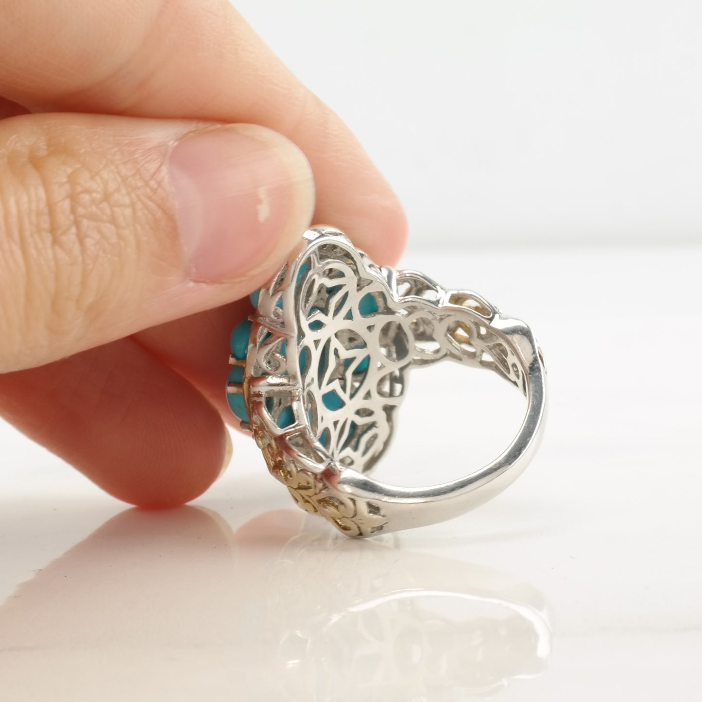 Vintage STS Ring Turquoise Apatite Two Tone Sterling Silver Size 7