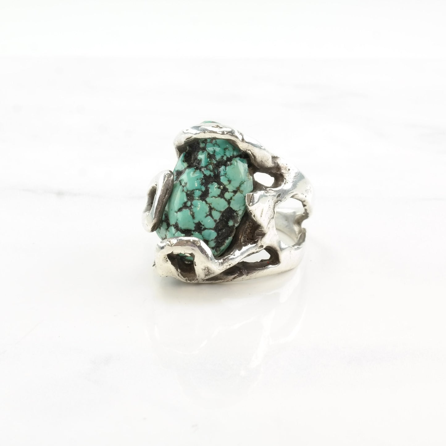 Vintage Brutalist Sterling Silver Ring with Turquoise, Spiderweb Design, Size 10 1/2, Circa 1980s
