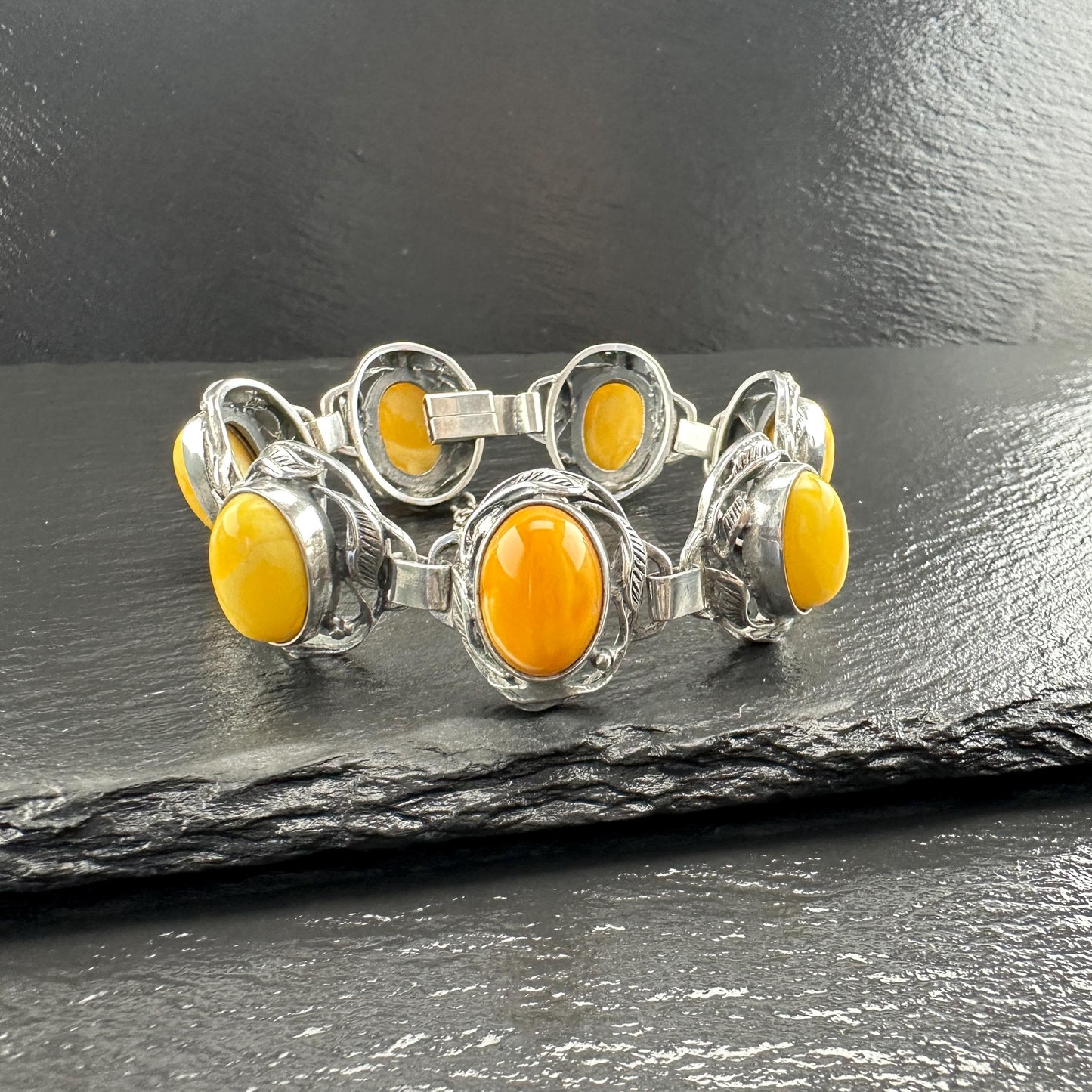 Baltic Amber Bracelet in Art Nouveau Style Yellow Opaque Sterling Silver