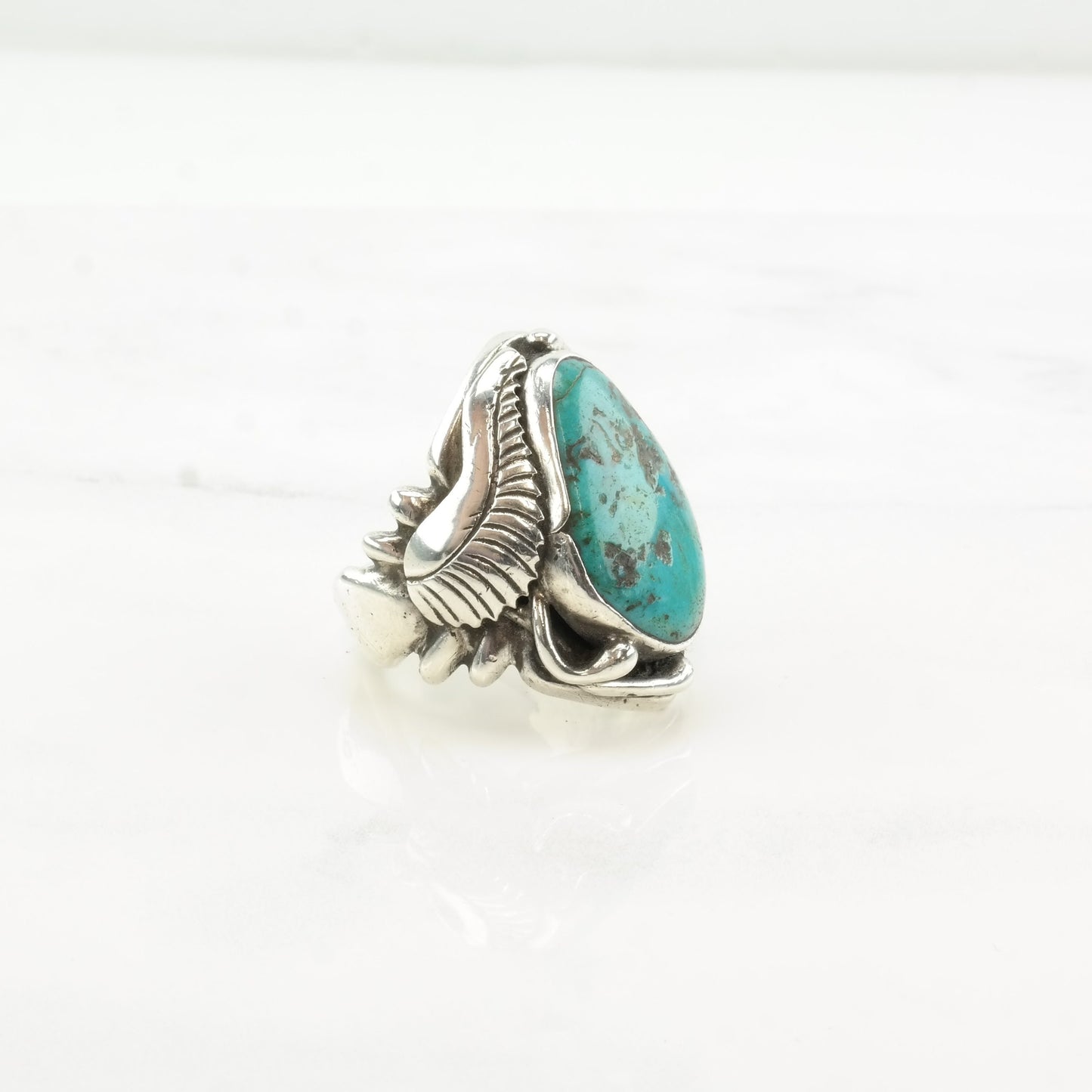Vintage Navajo Silver Ring Turquoise Leaf Sterling Size 9
