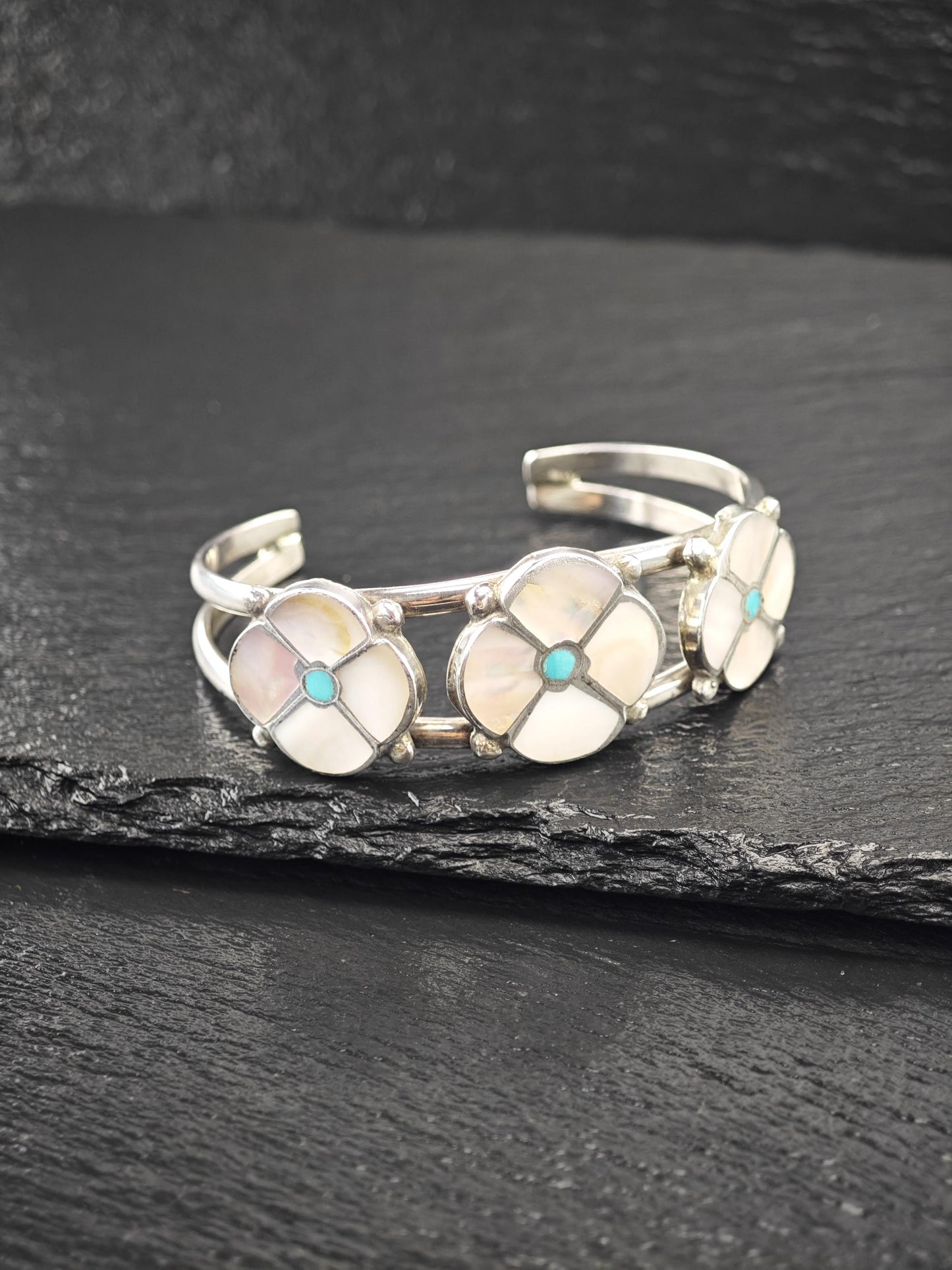 Zuni, Native American, Flower Inlay Cuff Bracelet Sterling Silver