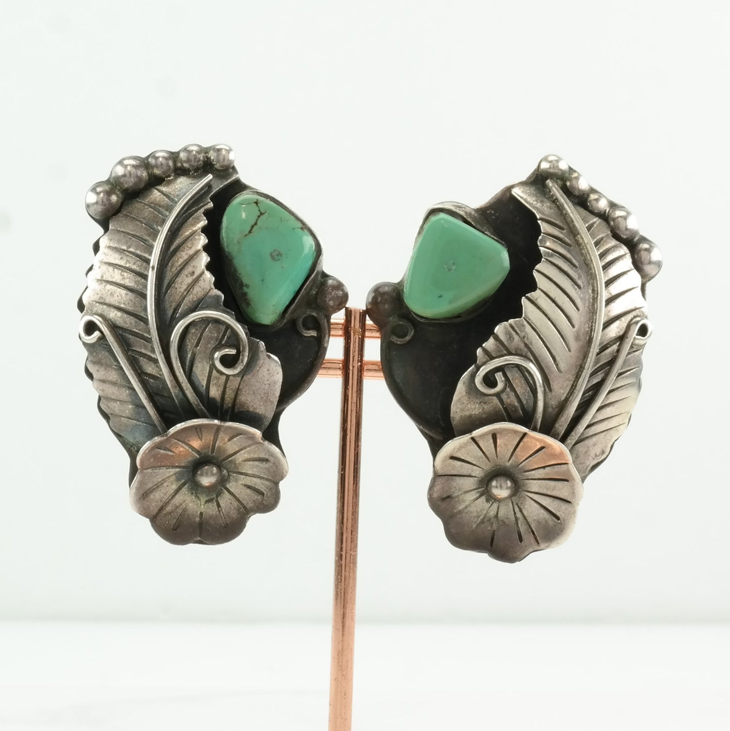 Vintage Southwest Sterling Silver Green Turquoise Flower & Feather Clip-On Earrings, 1 3/4 Inches Long