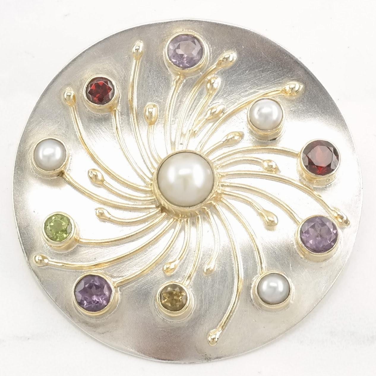 Vintage Modernist Pearl, Multi Gemstone Sterling Silver Pendant Brooch