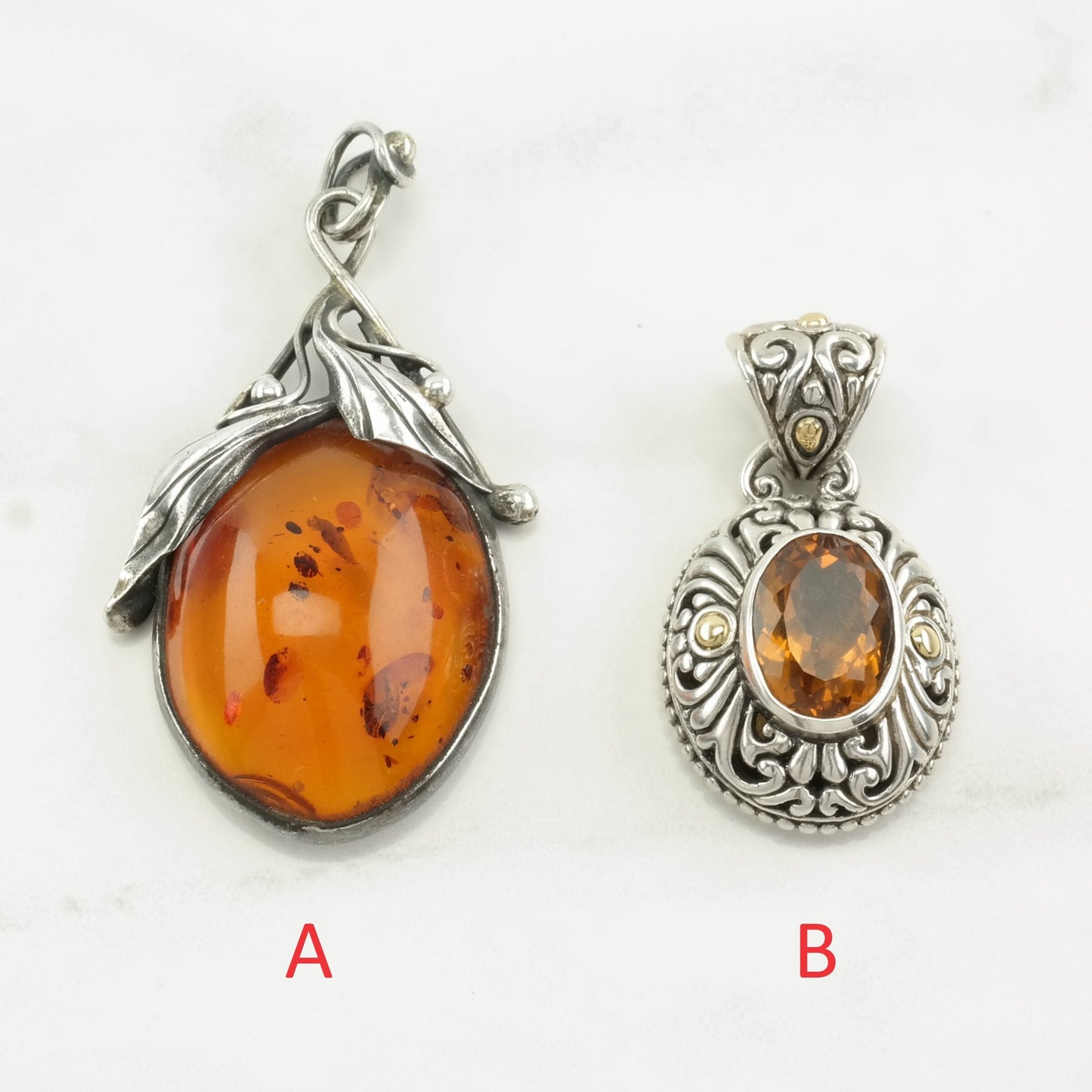 Vintage Baltic Amber, Citrine 18K Gold Accent Sterling Silver Pendant