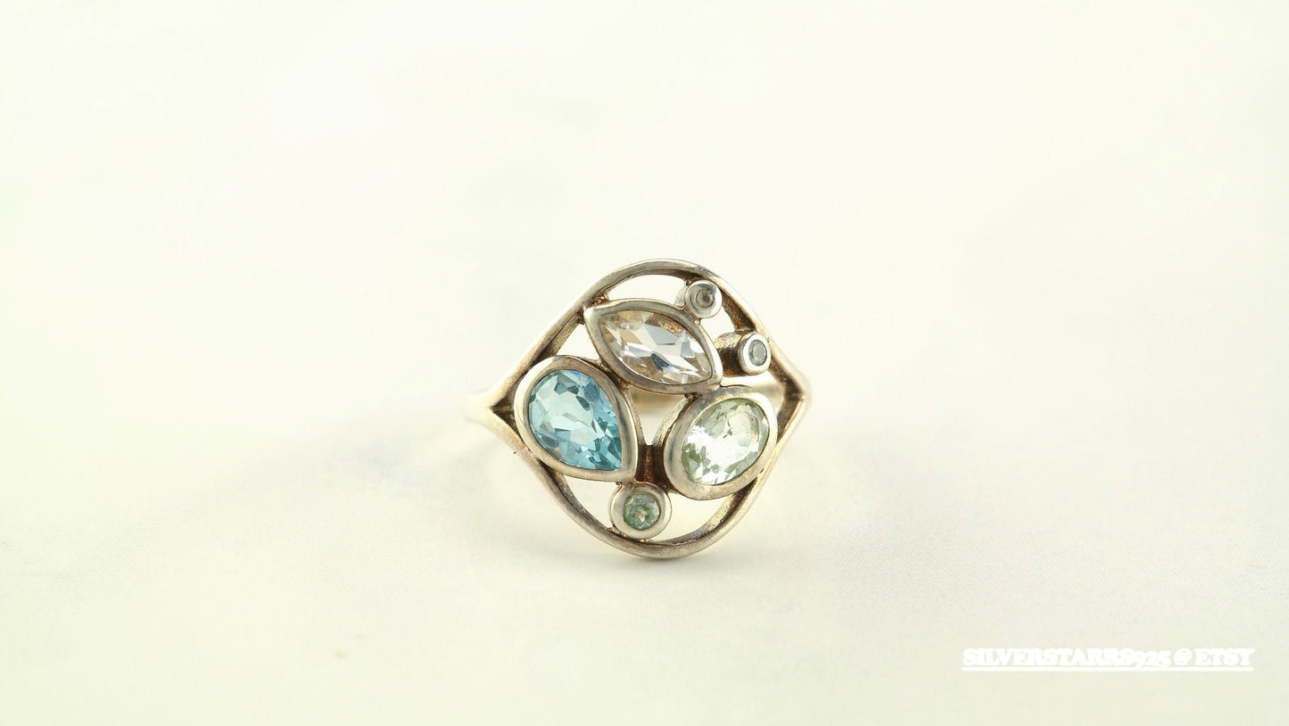 Multi-color Gemstone Silver Ring Size 7.25 Vintage Sterling