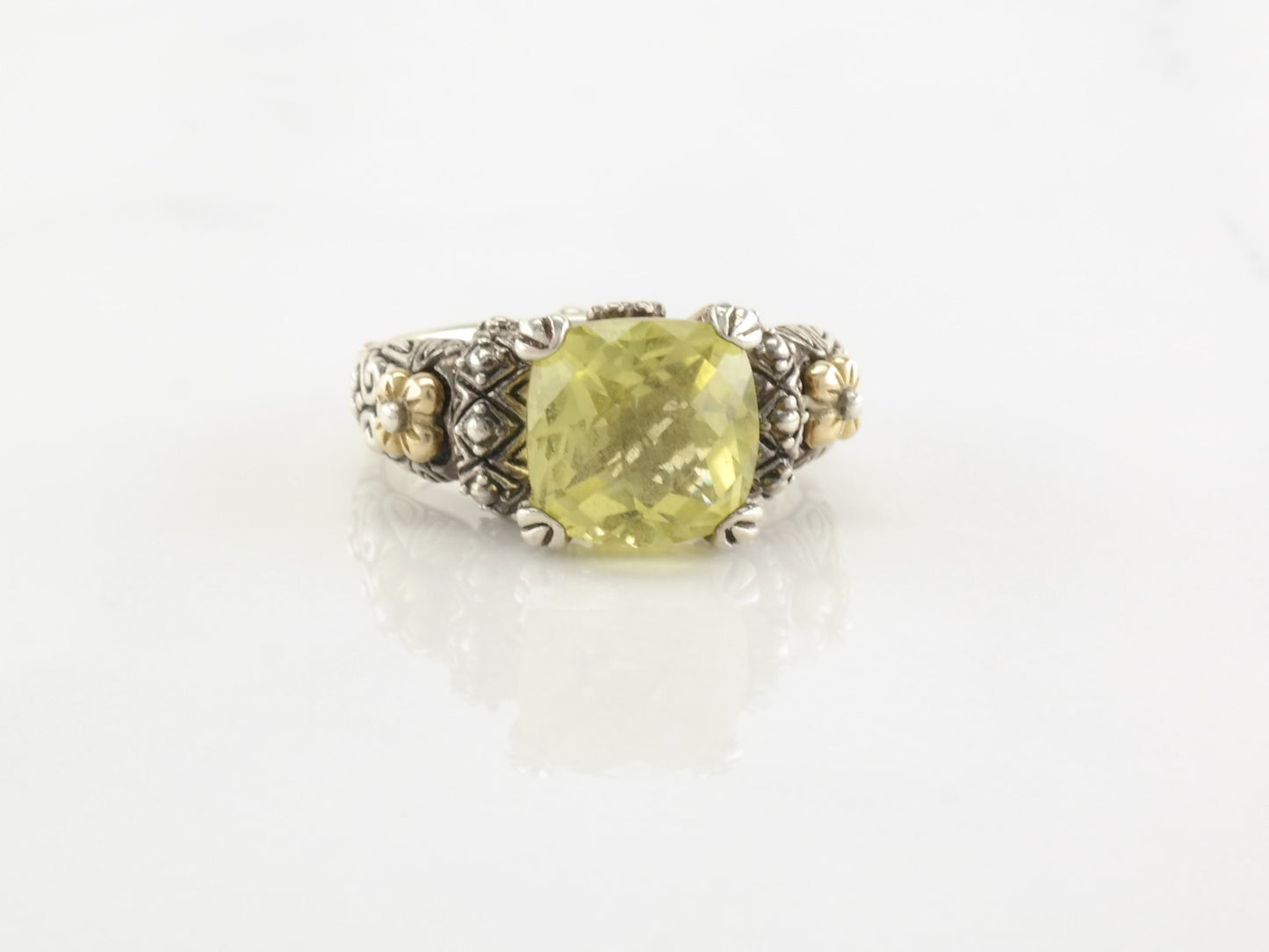 Vintage Bixby Lemon Quartz Cushion Cut Sterling Silver Ring Floral Size 9