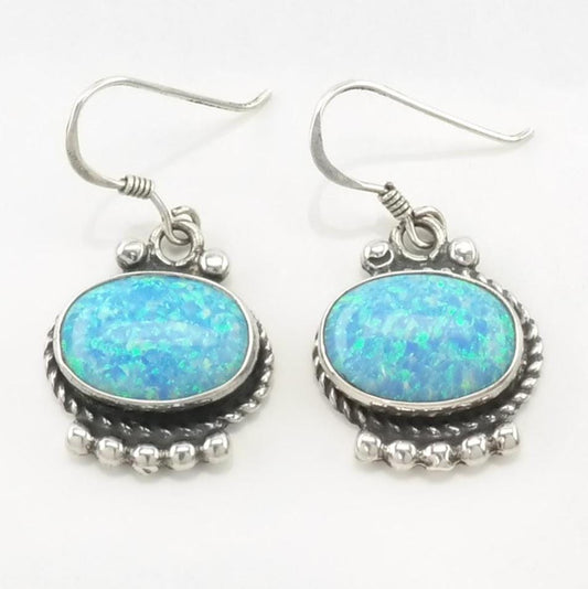 Vintage Lab Opal Blue Fish Hook Earrings Sterling Silver With Rope Detail