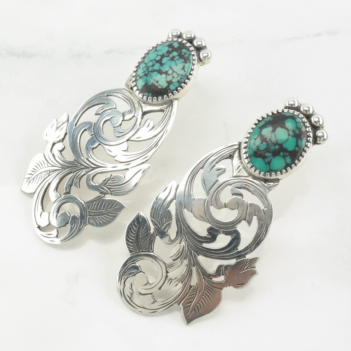 Sterling Silver Blue Turquoise Floral, Leaf Earrings Stud