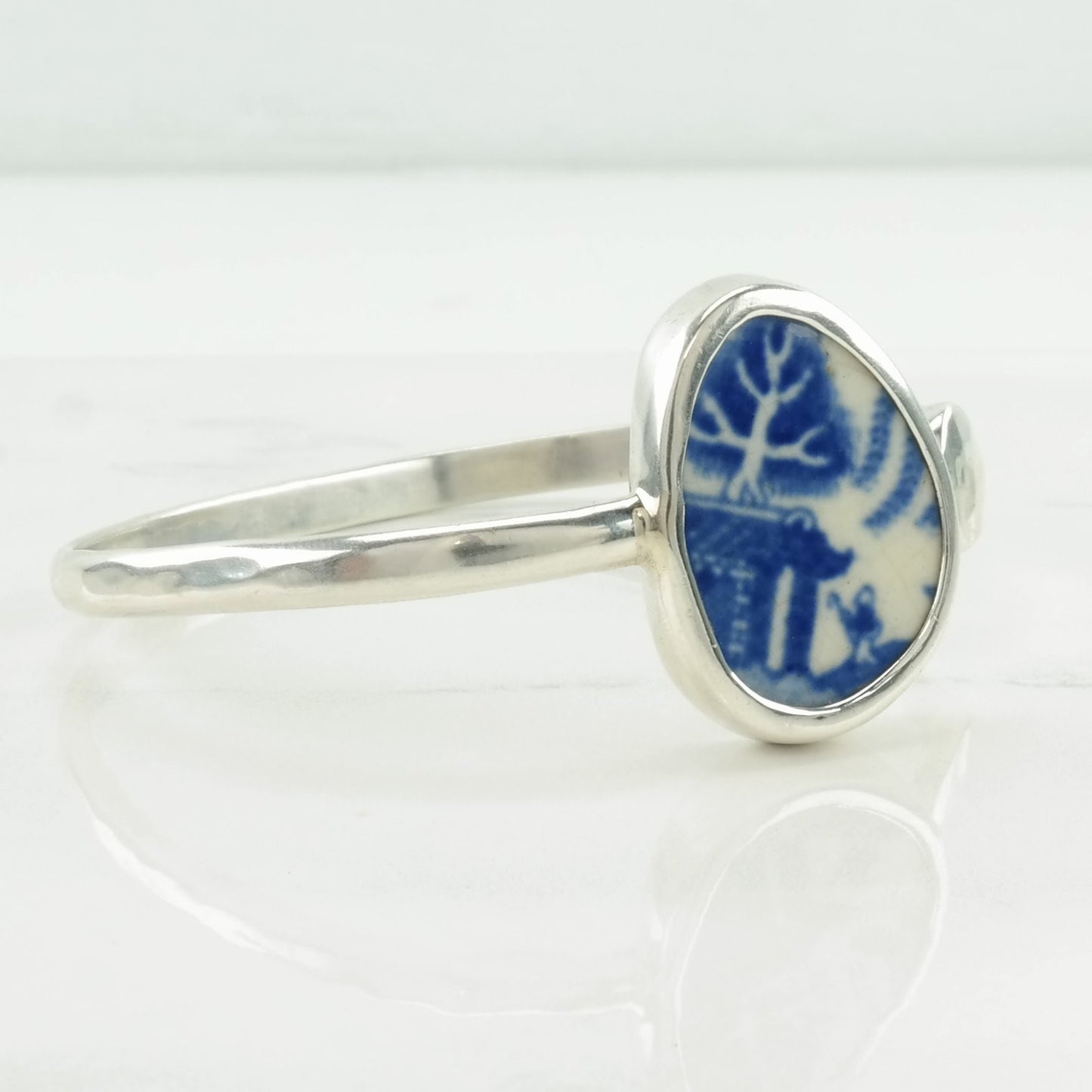 Vintage Sterling Silver Cuff Bracelet Blue, White Porcelain