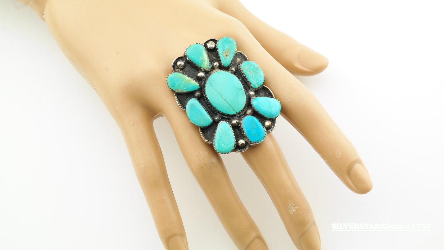 Vintage Native American Cluster Sterling Silver Ring Size 10 Blue Turquoise Shield