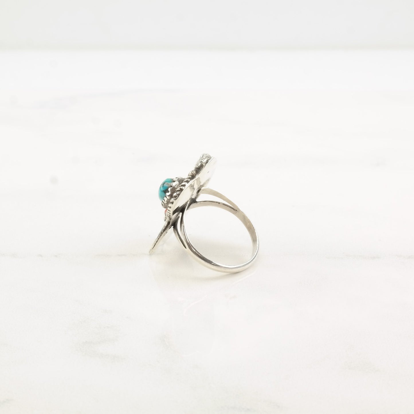 Vintage Native American Silver Ring Turquoise Coral Leaf Flower Sterling Size 6