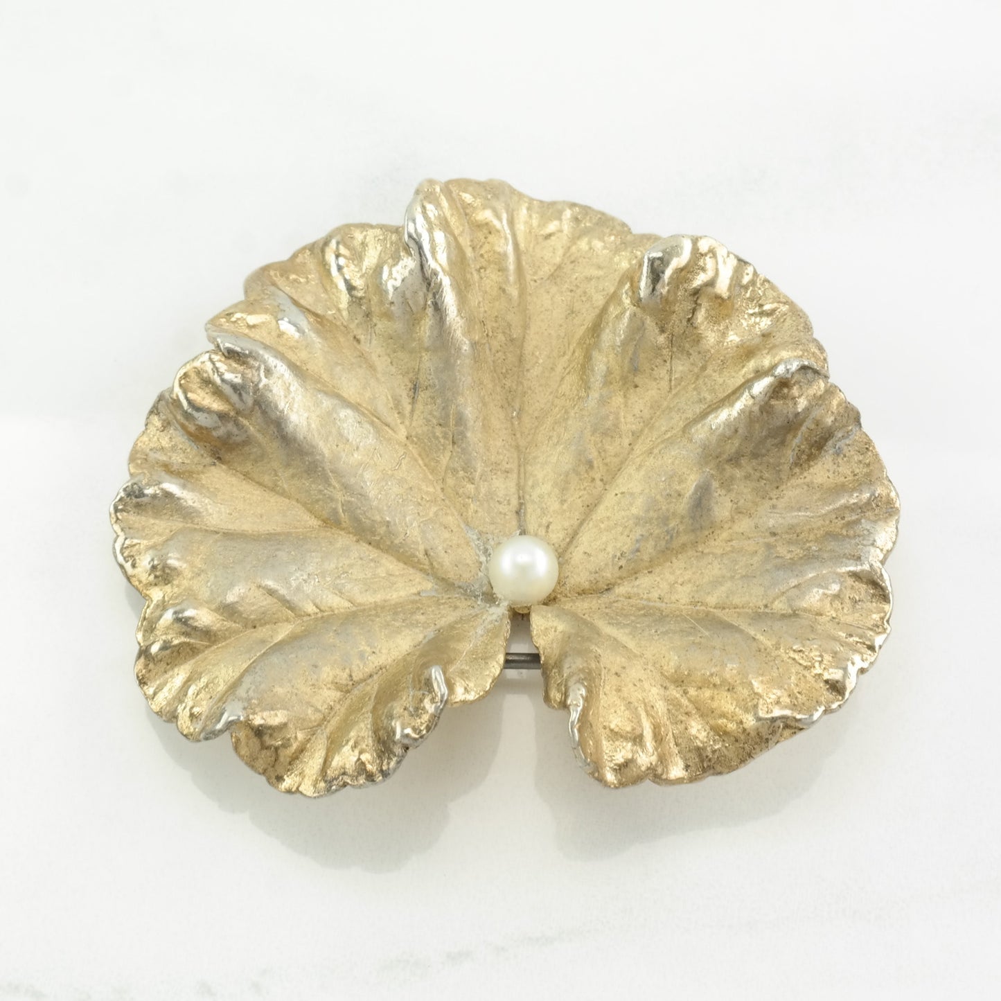 Napier Sterling Silver Leaf Brooch with Pearl Accent, Signed, c. 1960s B1602