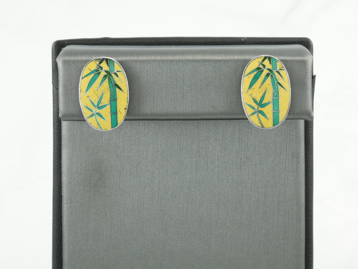 Vintage Enamel Bamboo Leaf Earrings Sterling Silver Screw Back/Clip On