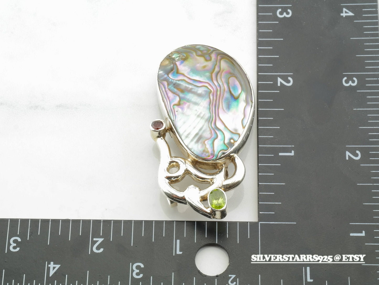 Vintage Abalone Garnet Peridot Sterling Silver Pendant
