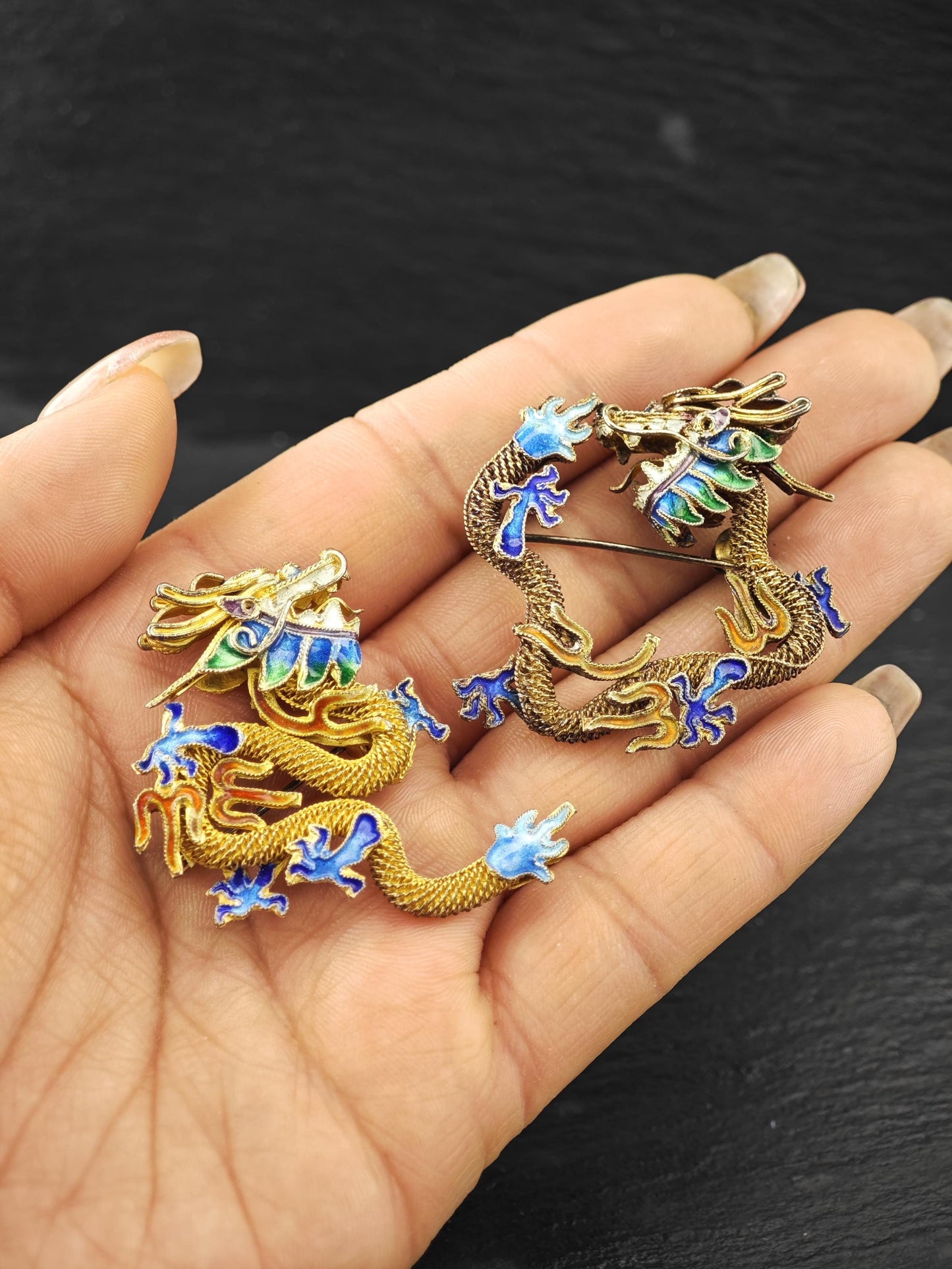Choice of Chinese, Export Enamel Dragon Brooches Sterling Silver