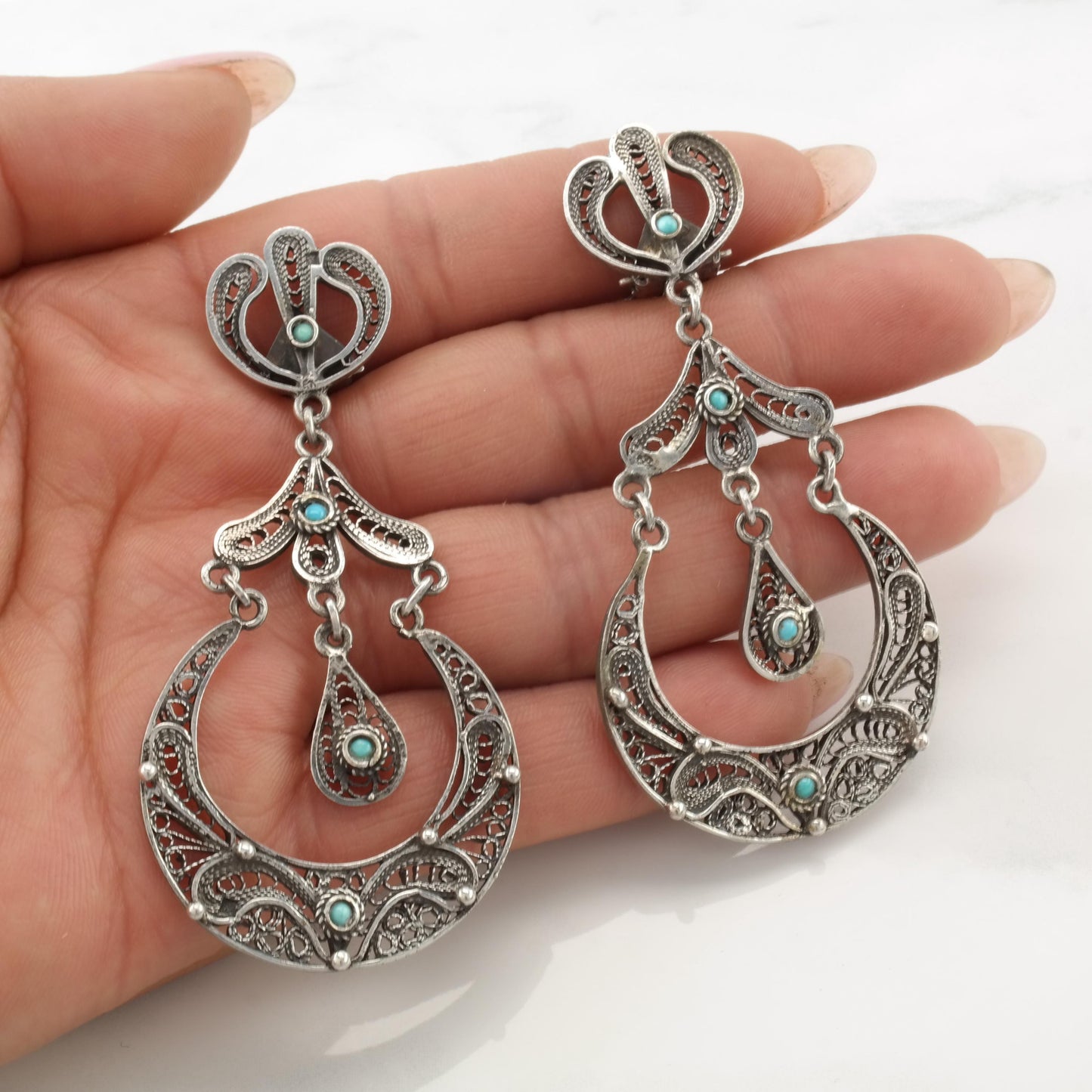 Vintage Middle Eastern, Sterling Silver Clip On/Dangle Earrings