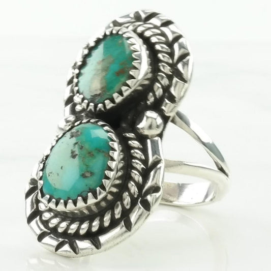 Vintage Native American Silver Ring Turquoise Two Stone Sterling Blue Size 6 1/2