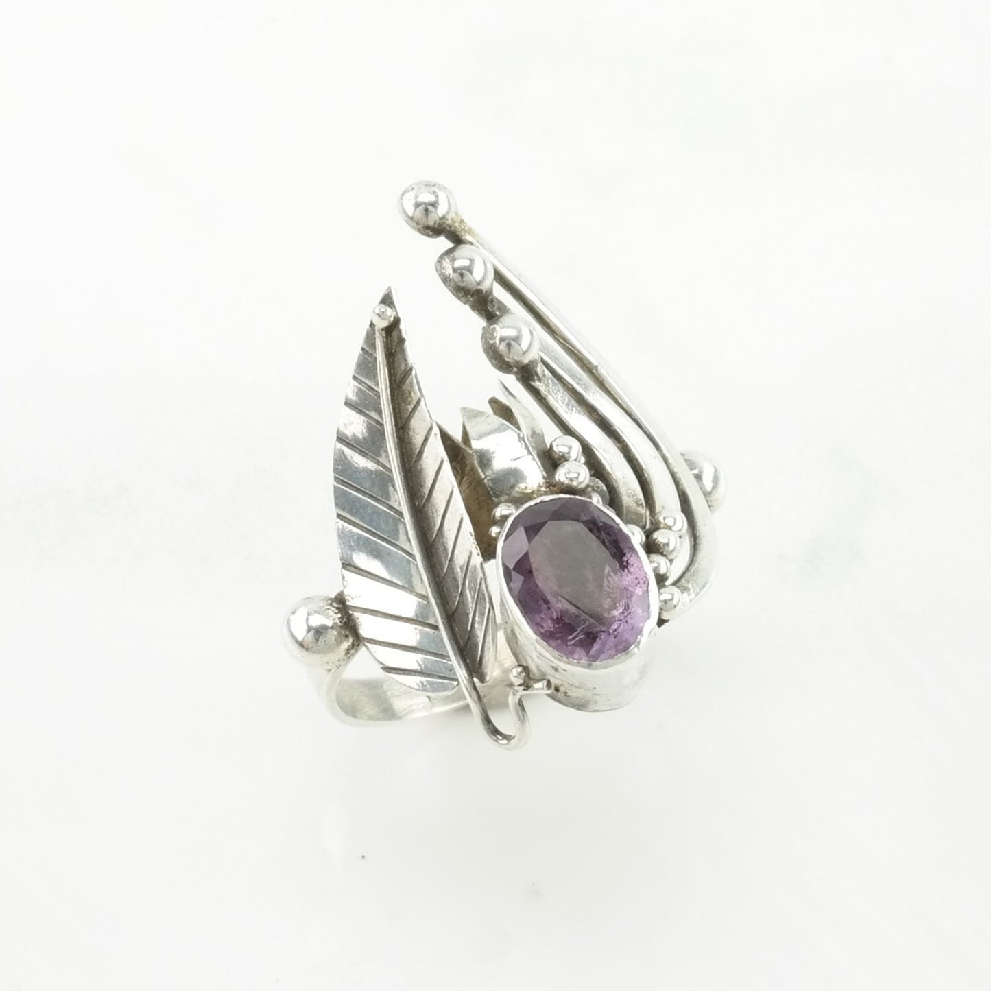 Vintage Sterling Silver Ring Amethyst Leaf Purple Size 6 3/4