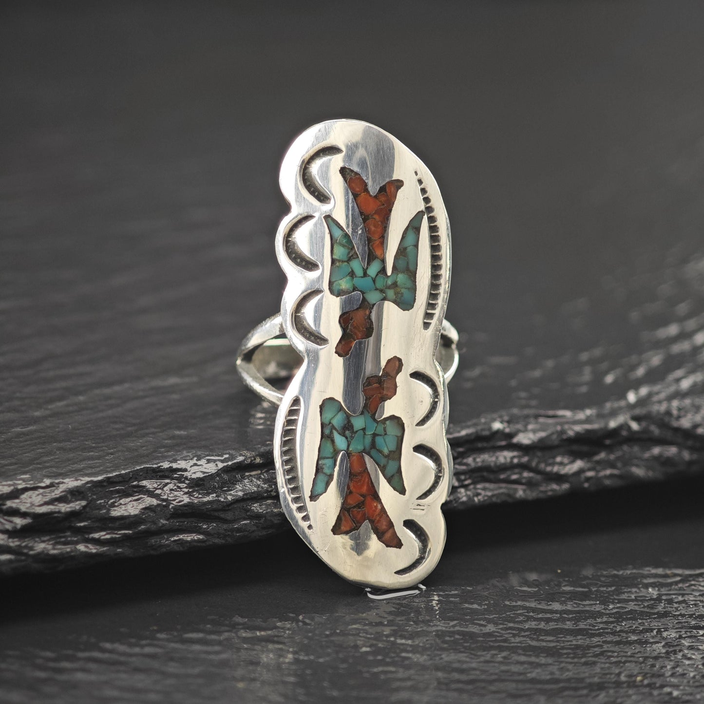 Native American Turquoise Coral Inlay Ring Sterling Silver