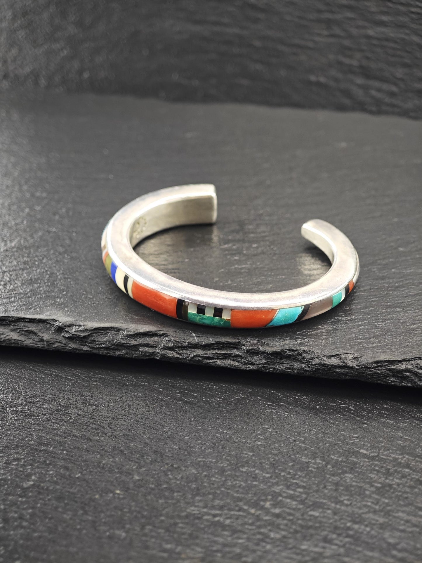 Signed Native American Inlay, Cuff Bracelet Sterling Silver