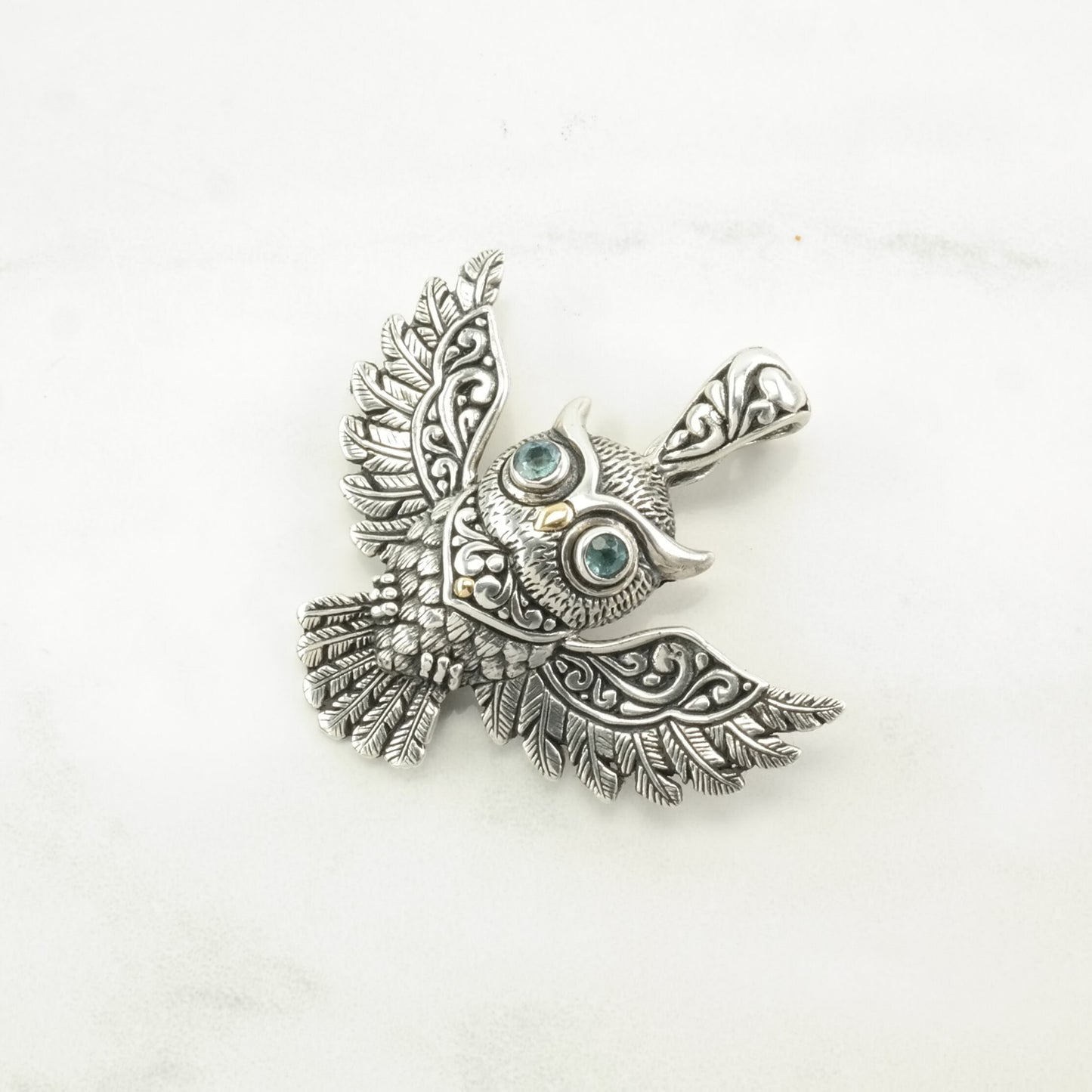 Vintage 18K Gold Accents, Blue Topaz Owl Sterling Silver Pendant