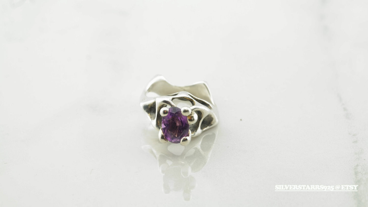 Vintage Modernist Silver Ring Amethyst Sterling Purple Size 6