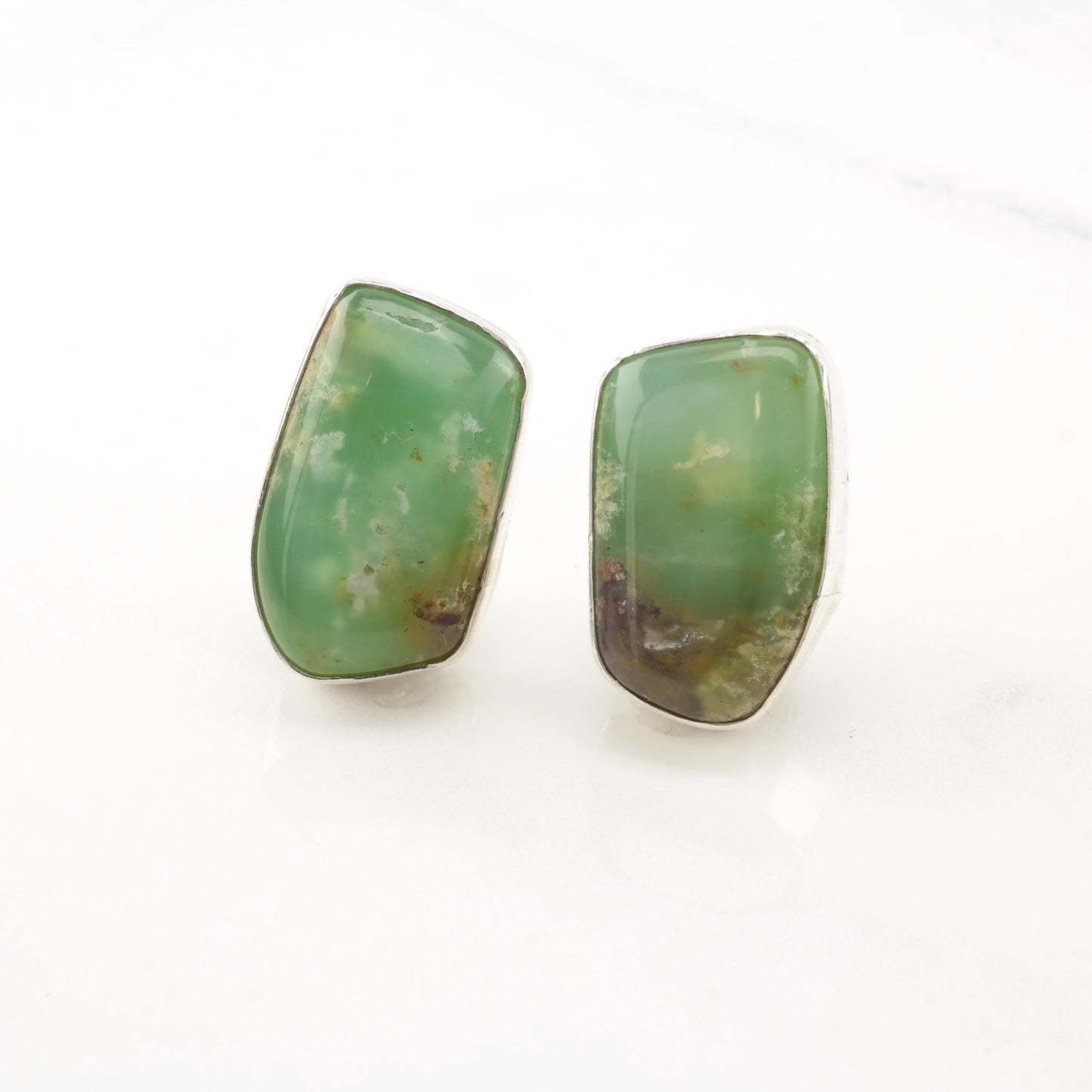 Vintage Southwest Green, Brown Chrysocolla, Gem Silica Sterling Silver Clip On Earrings