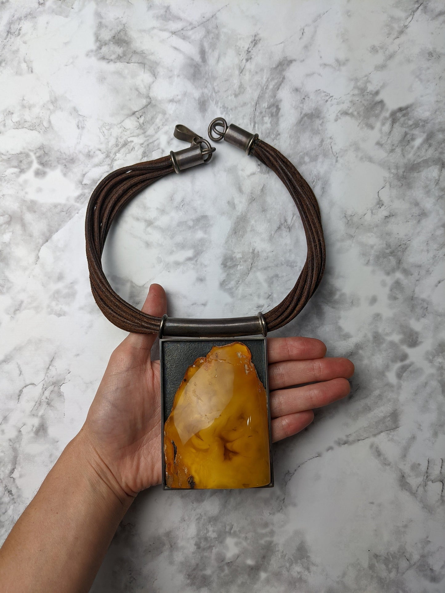 Modernist Amber, Leather and Sterling Silver Necklace