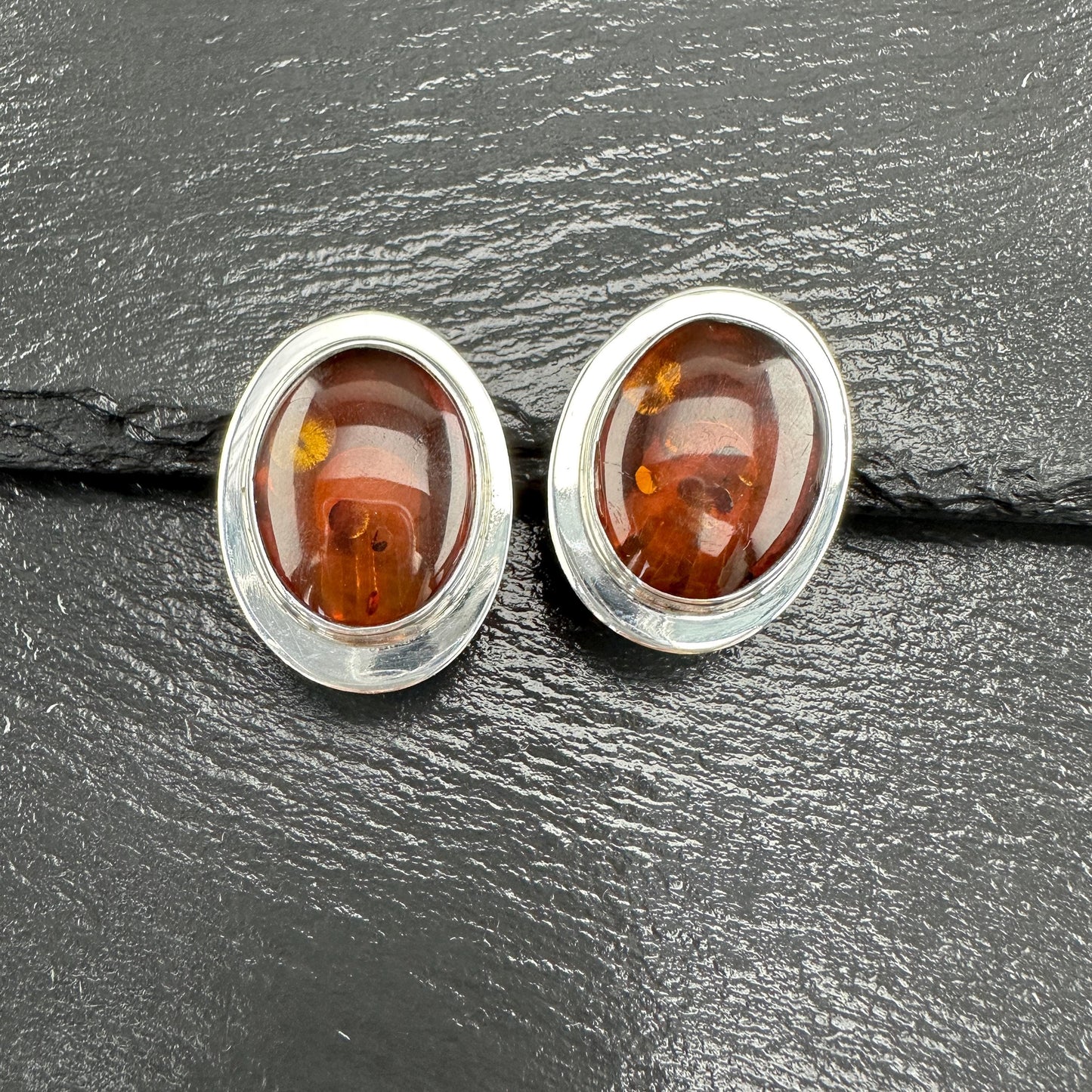 Large Modernist Amber Sterling Silver Clip On Earrings