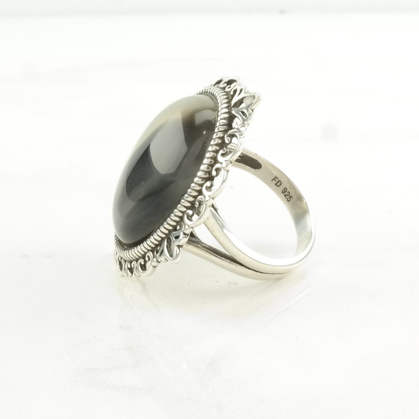 Vintage Sterling Silver Ring Agate Black, White Size 7