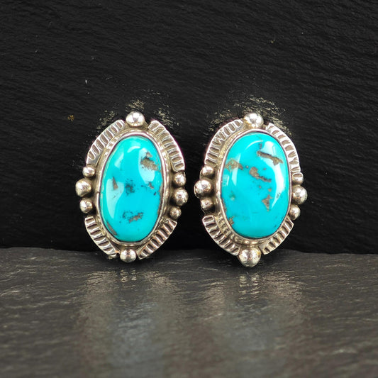 Native American Blue Turquoise Clip-On Earrings Sterling Silver Oval Design