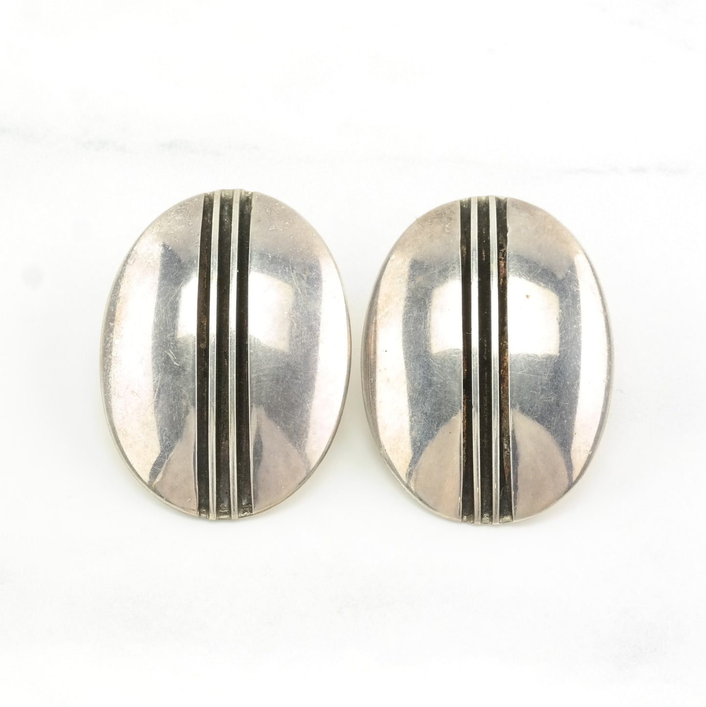 Vintage Stud Earrings Sterling Silver Oval Hollow Incise