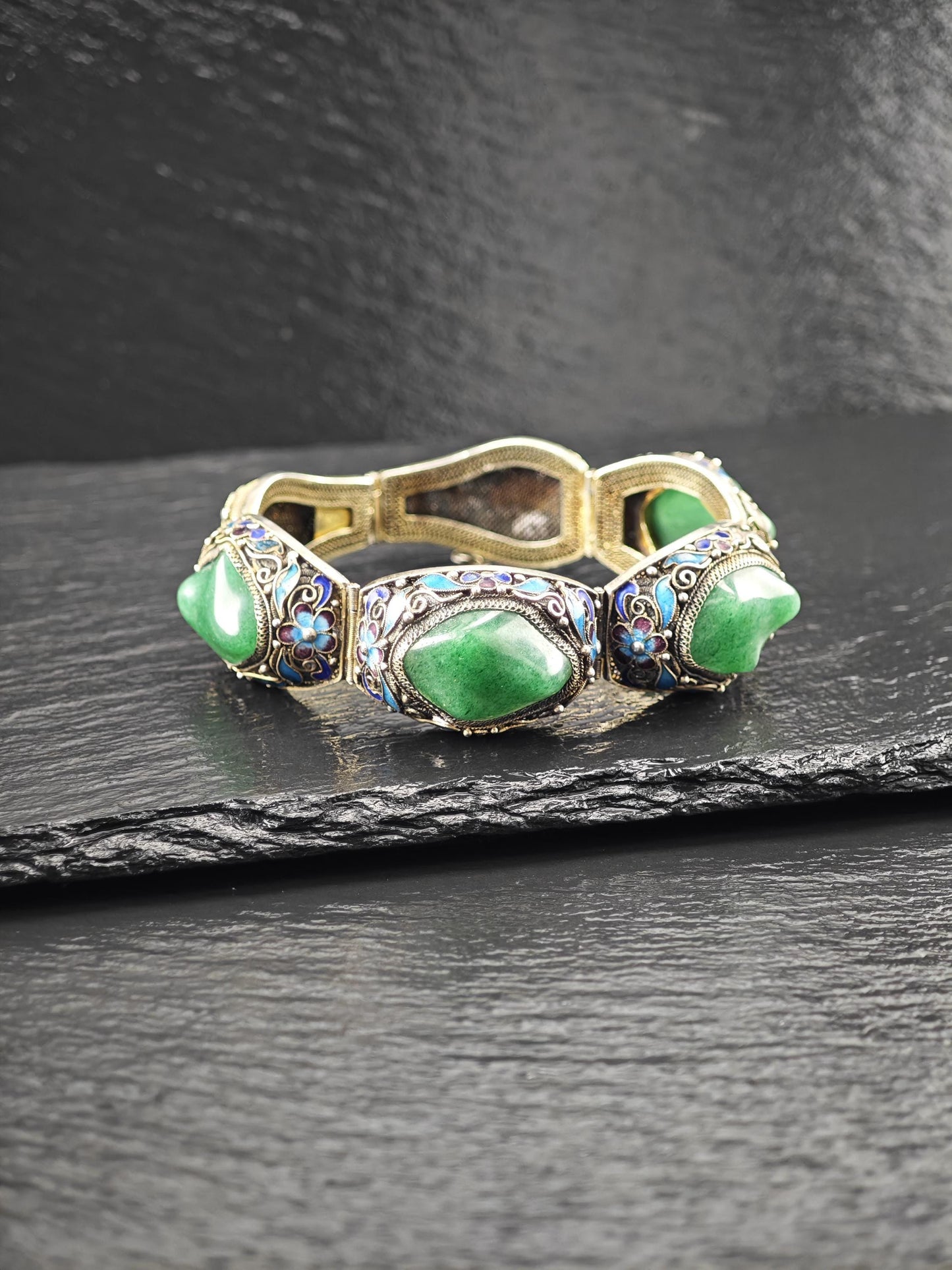 Chinese Export Gold Gilded, Enamel Bracelet Sterling Silver