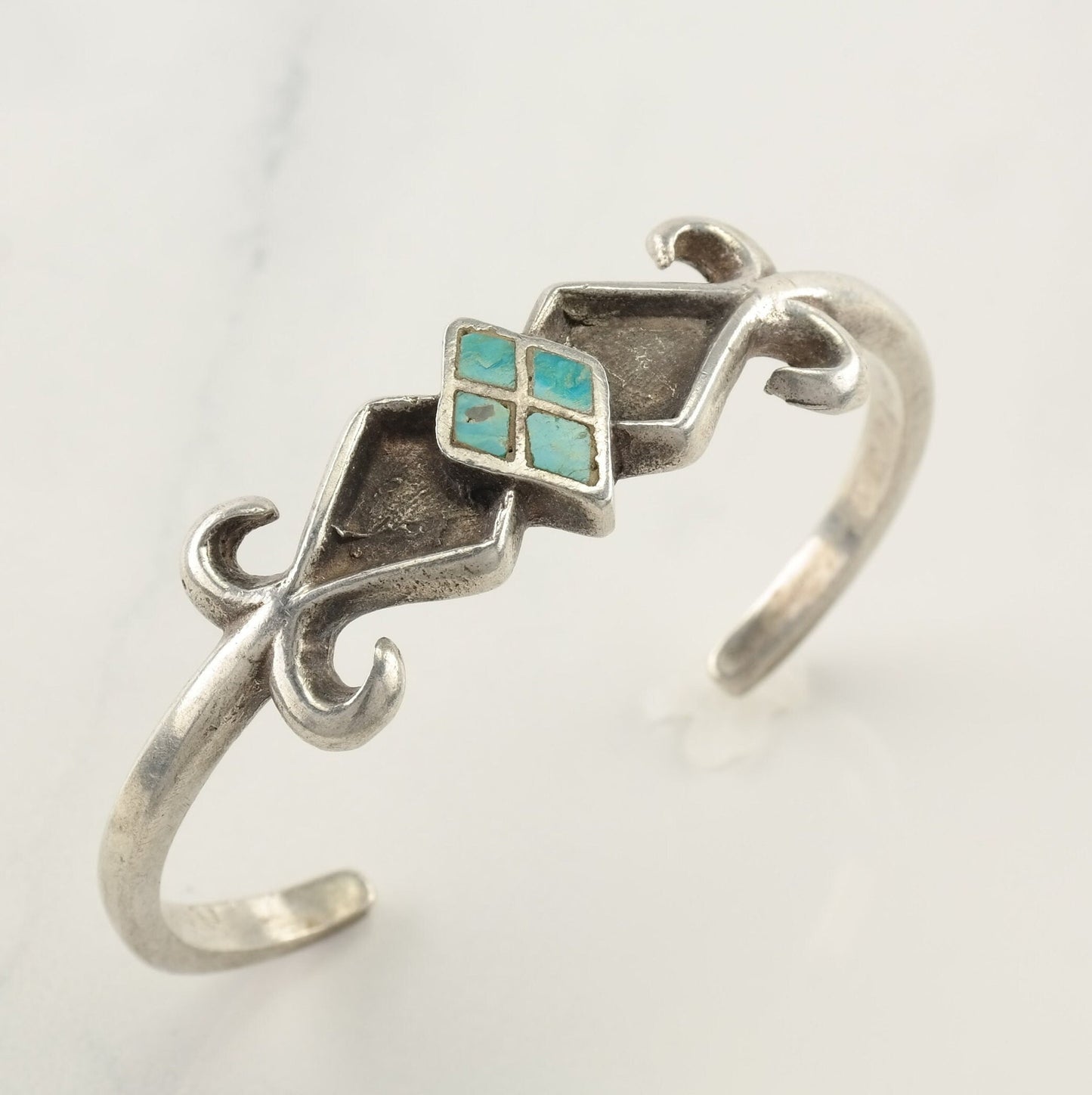 Native American Sterling Silver Cuff Bracelet Turquoise Inlay Sandcast