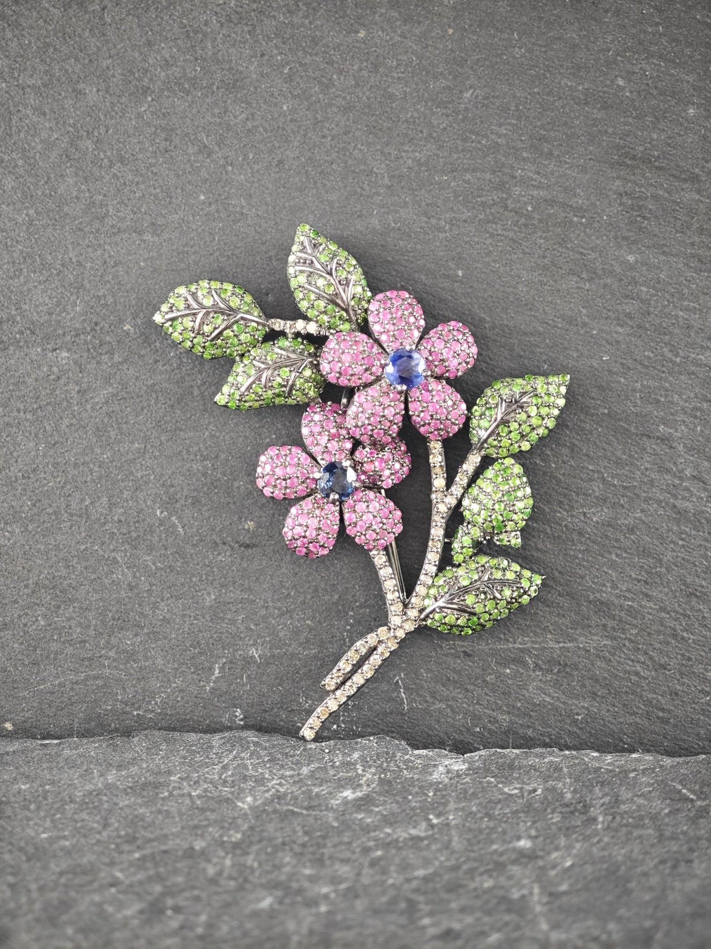 Diamond Flowers Sterling Silver Brooch Pendant