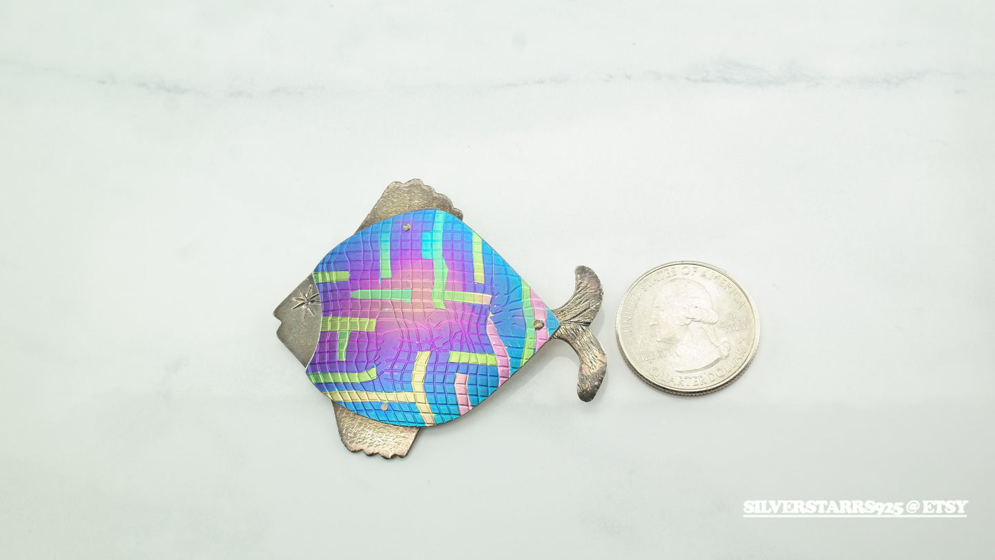 Vintage Studio Art Brooch, Sterling Silver & Anodized Metal, Fish Design, Signed, Whimsical Jewelry