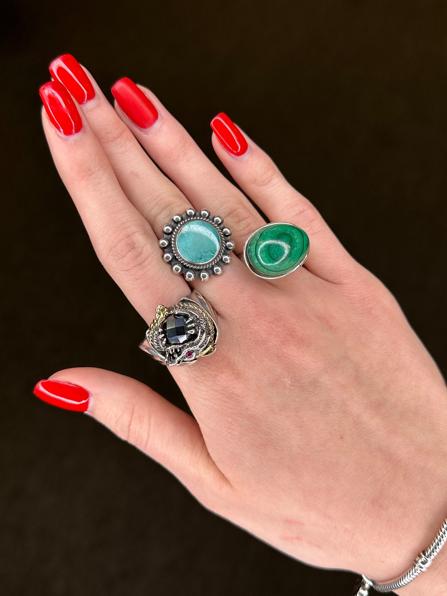 Vintage Modernist Silver Ring Malachite Sterling Size 7 3/4