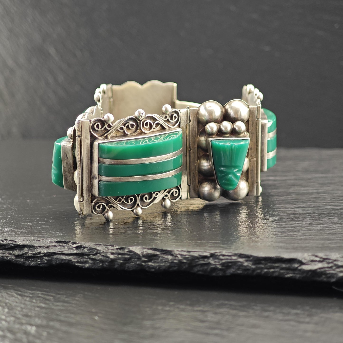 AS IS Vintage Mexican Green Onyx Link Bracelet Sterling Silver