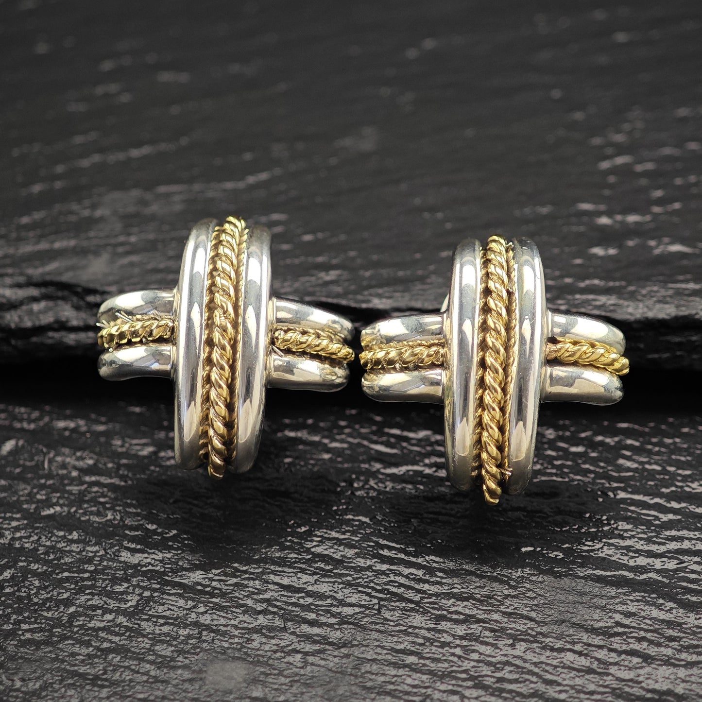 Tiffany Gold Cross, X 18k Gold Accent, Two Tone Omega Back Earrings Sterling Silver