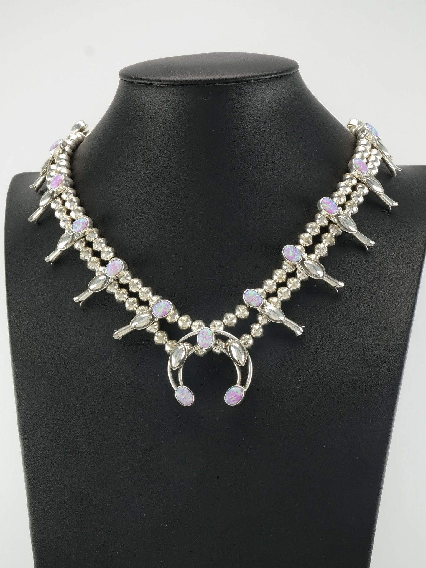 Vintage Native American Sterling Silver Pink Lab Opal Squash Blossom Necklace