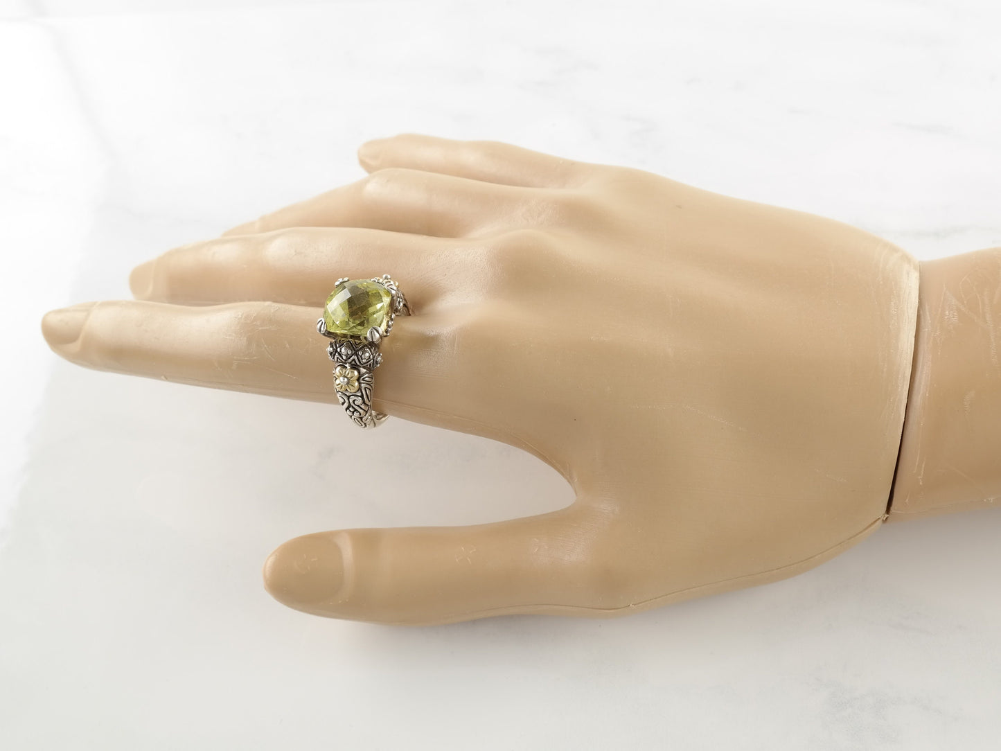Vintage Bixby Lemon Quartz Cushion Cut Sterling Silver Ring Floral Size 9