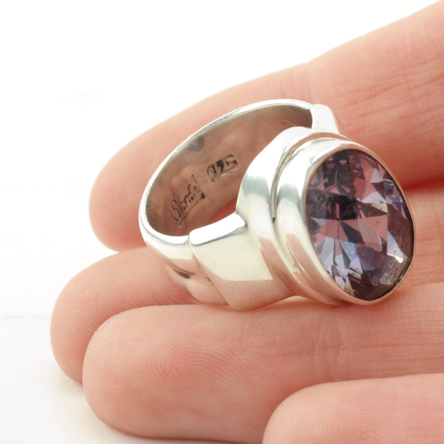 Vintage Sterling Silver Ring Purple CZ Wide Band Purple Size 5 1/2