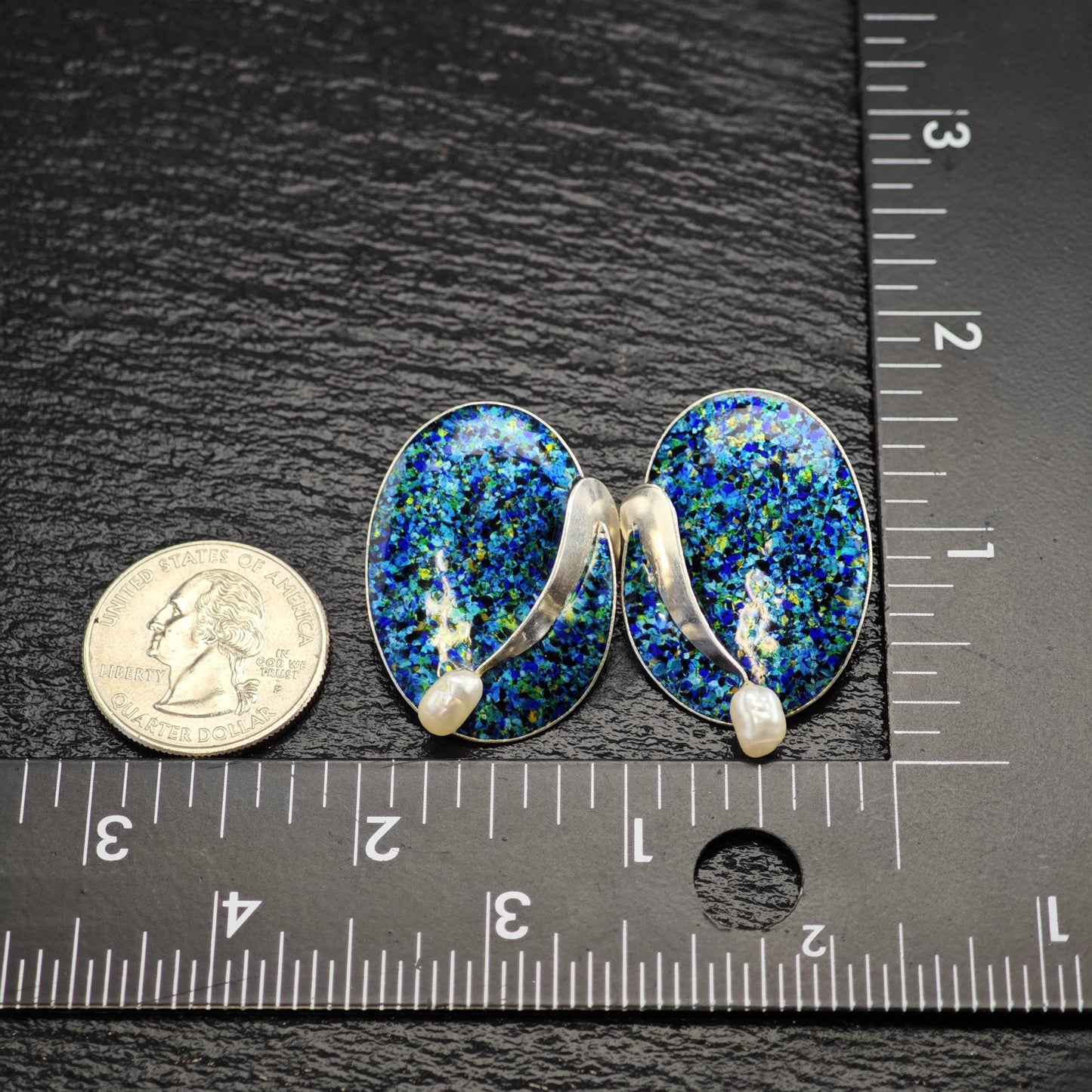 Modernist Handmade Pearl, Enamel Sterling Silver Stud Earrings ER3181