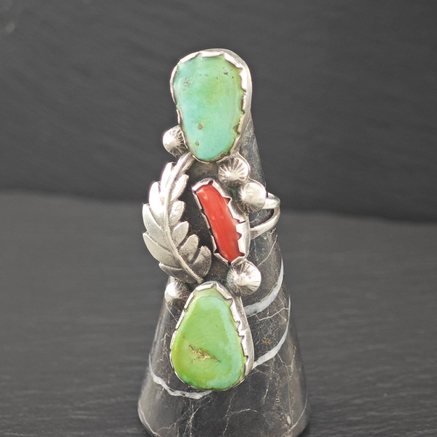 Long Native American Green Turquoise Coral Ring Sterling Silver
