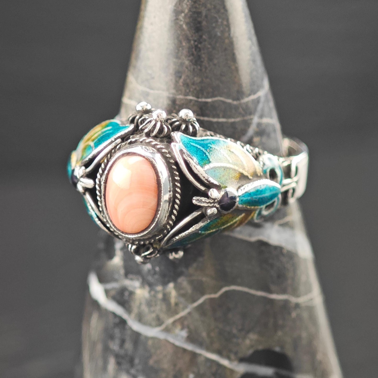 Chinese Export Enamel Conch Butterfly Ring Sterling Silver